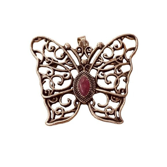 Silvertone Butterfly Pendant Brooch Purple Jewel 1.5" Filigree Style - Picture 3 of 14